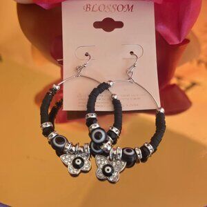 Blossom Black Evil Eye Hoop Earrings | Beaded Flower Charm | Gold Tone | Boho |